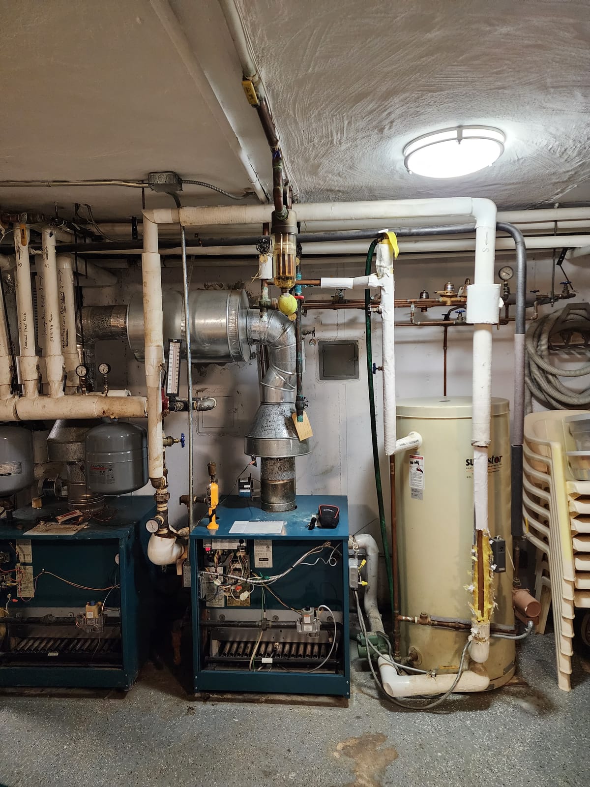 Boiler room with dual boiler setup and water heater